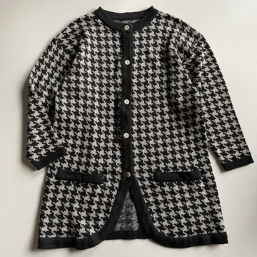 Rozpinany Sweter Kieszenie Pepitka Wełna 38 / L