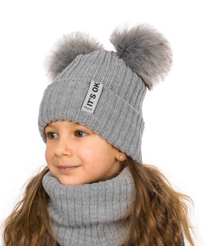Czapka Komin Komplet Dwa pompony Polar 50-55cm