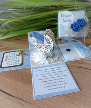 Kartka 3D, exploding box, personalizowane, Chrzest Roczek