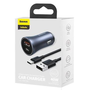 BASEUS SZYBKA ŁADOWARKA SAMOCHODOWA USB/USB-C MOCNA 40W +KABEL PRZEWÓD USB