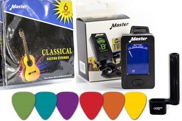 TUNER / STROIK DO GITARY + STRUNY+ KOSTKI + KORBKA