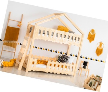 ŁÓŻKO DREWNIANE PIĘTROWE Z DRABINKĄ BARIERKI DOMEK