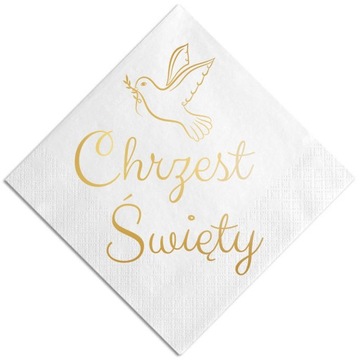 Serwetki białe złoty napis Chrzest Święty Gołąbek