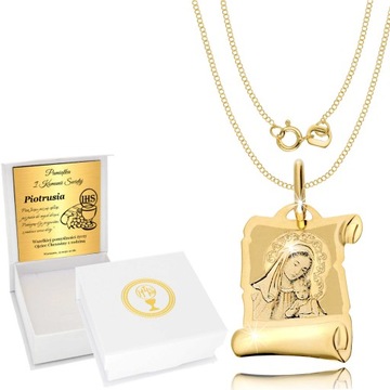 Złoty Łańcuszek z Medalikiem 585 Komunia Grawer