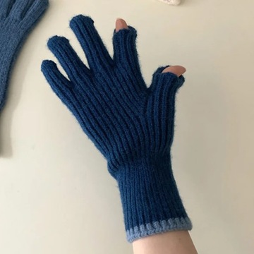 Pure Color Knitted Woolen Gloves Female Winter Screen Student Riding Split