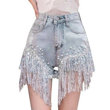 Women Summer Denim Shorts 2024 Y2k Clothes Diamond Studded Rhinestones Tass