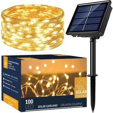 LAMPKI CHOINKOWE SOLARNE 100 LED 12m DRUCIKI