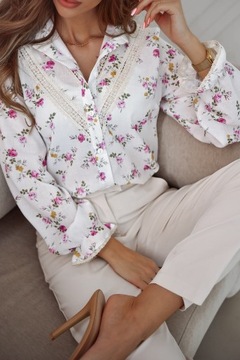 Koszula Xana biała w różę kwiaty 36 S z koronką LNIANA