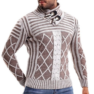Sweter Męski Gruby Ciepły Wełna Golf Stójka Komin