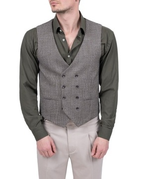 Kamizelka męska dwurzędowa pepitka elegancka casual brazowa - 58