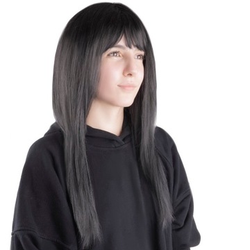 Длинный прямой парик из густых черных волос с челкой