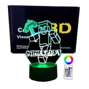 LAMPKA 3D NOCNA LED PREZENT URODZINOWY MINECRAFT STEVE LOGO 16 KOLORY+PILOT