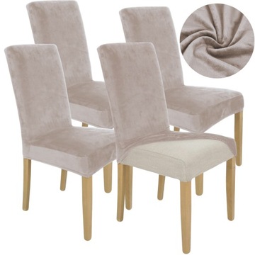 ZESTAW 4SZT. POKROWCE POKROWIEC NA KRZESŁO CHŁODNY BEŻ WELUR ELASTCZYNY