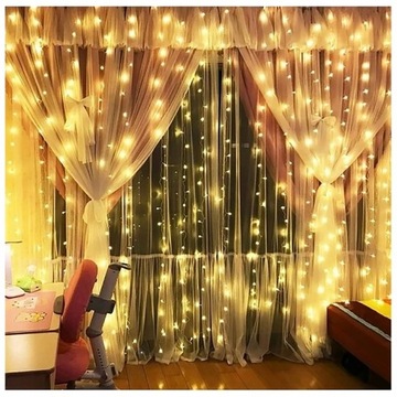 Световая завеса 300 LED ТЕПЛЫЙ БЕЛЫЙ Гирлянда Лампы 2700К 3х3м USB + пульт ДУ