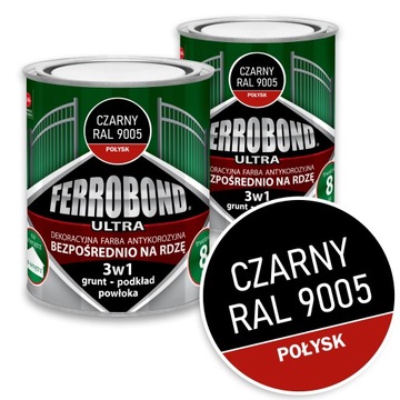 Farba do Metalu na Rdzę CZARNY POŁYSK RAL 9005 0,7L Ferrobond Zestaw 2szt