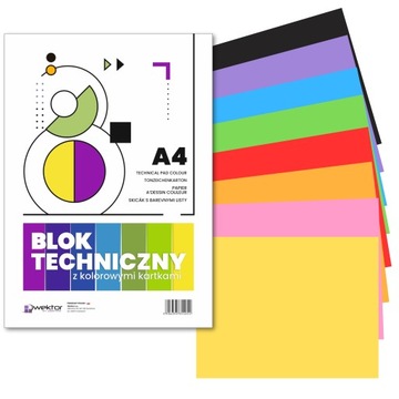 Blok techniczny z kolorowymi kartkami A4 8 kol. Wektor