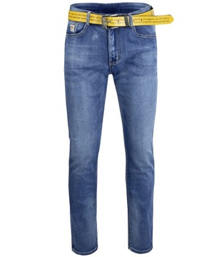 Klasyczne spodnie męskie jeansy z żółtym paskiem 32