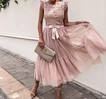 MD tiulowa różowa sukienka puder róż koronka | L