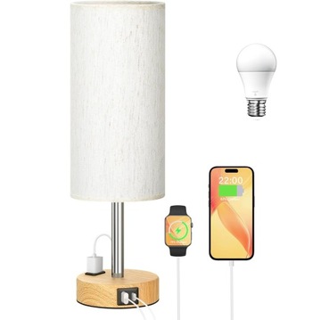 LAMPKA STOŁOWA NOCNA Z PORTAMI USB PŁÓCIENNY ABAŻUR