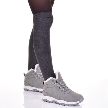 ŚNIEGOWCE DAMSKIE SPORTOWE BUTY ZIMOWE MOCNO OCIEPLONE SKÓRZANE SZARE