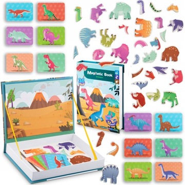 KSIĄŻKA MAGNETYCZNA EDUKACYJNA PUZZLE UKŁADANKA KLOCKI DINOZAURY ZESTAW