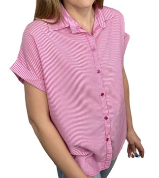 Bawełniana koszula w pionowe paski luźna oversize krótki rękaw S M L