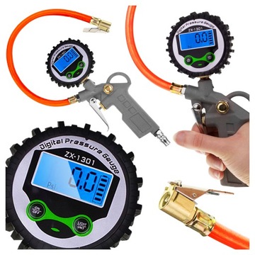 PISTOLET do pompowania kół Z MANOMETREM CYFROWY LCD pompka do opon WĘŻYK