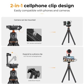 Giętki Statyw elastyczny K&F Do Aparatu Telefonu Tripod + Pilot Bluetooth