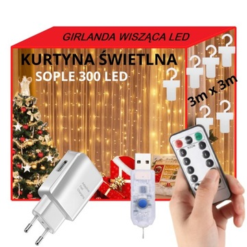 KURTYNA ŚWIETLNA 3x3m SOPLE 300 LED LAMPKI CHOINKOWE + PILOT ŁADOWARKA USB