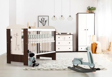ŁÓŻECZKO Dziecięce Drewniane 120x60 Białe Orzech ŻYRAFKA + Materac + Przewi