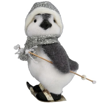 DEKORACJA ŚWIĄTECZNA PINGWIN NA NARTACH szary 28cm