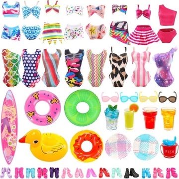 ZESTAW 31SZT. AKCESORIA STROJE KĄPIELOWE PLAŻA BASEN DLA LALEK KAPELUSZE