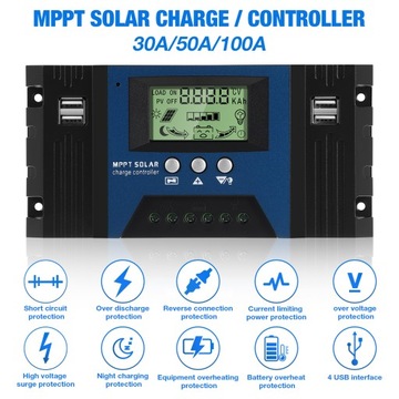 КОНТРОЛЛЕР СОЛНЕЧНОЙ ЗАРЯДКИ MPPT 50А 12В/24В С ИНТЕЛЛЕКТУАЛЬНОЙ ПАНЕЛИ ЗАЩИТЫ