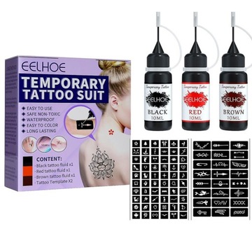 EELHOE Temporary Tattoo 3x10ml – Zestaw do Tatuaży 3 Kolory + szablony