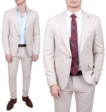 Garnitur męski camelowy/ecru elegancki gładki letni slim - 52