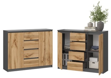 KOMODA 120CM 2 DRZWI 4 SZUFLADY ANTRACYT DĄB WOTAN