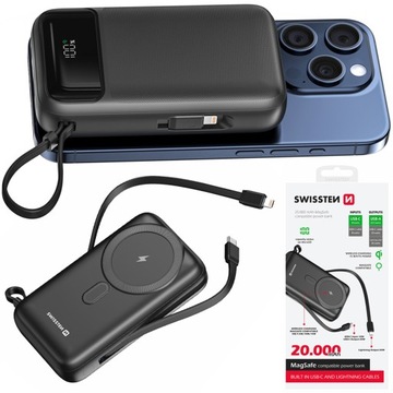 SWISSTEN POWERBANK 20000 mAh Qi PD 20W bezprzewodowe+ KABLE USB-C LIGHTNING