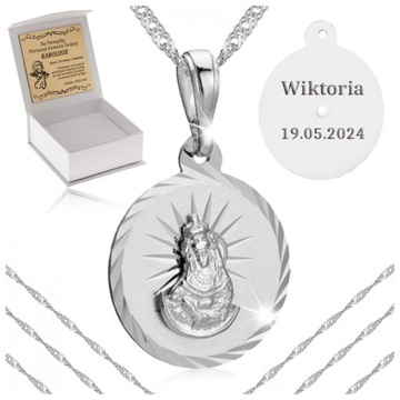 SREBRNY ŁAŃCUSZEK + MEDALIK MATKA BOSKA 925 PREZENT KOMUNIA CHRZEST GRAWER