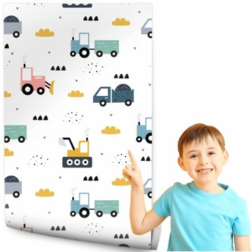 TAPETA NA ŚCIANĘ DLA DZIECI TRAKTORY KOPARKI CIĘŻARÓWKI DO POKOJU DZIECKA