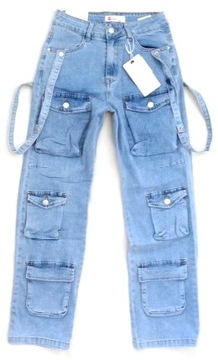 Włoskie szerokie jeansy CARGO bojówki kieszenie M/L