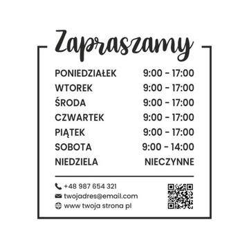 Naklejka godziny otwarcia na drzwi szybę / Kolory / BEZ TŁA / 35x38 cm