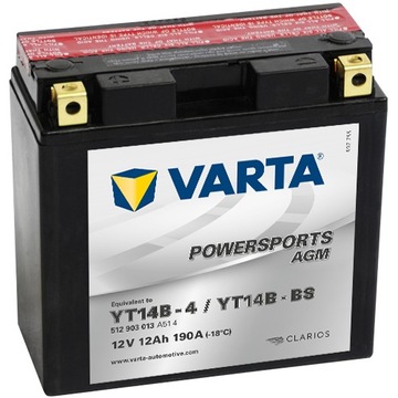 Akumulator motocyklowy Varta YT14B-BS 12V 12Ah 190A AGM Powersports