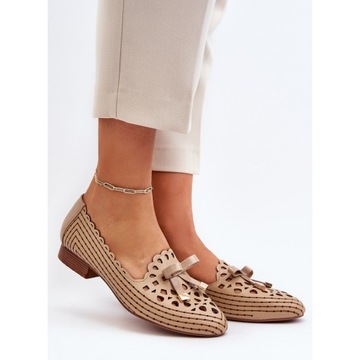 АЖУРНЫЕ БАЛЕТКИ ЖЕНСКИЕ НА ПЛОСКОМ КАБЛУКЕ С БАНТОМ, БЕЖЕВЫЙ 39