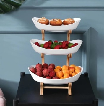 БАМБУКОВАЯ ПОДСТАВКА ДЛЯ ФРУКТОВ, 2-СТУПЕНЧАТАЯ ТАРЕЛКА, 3 ЧАШКИ, ПОДДОН, КУХОННЫЙ ОРГАНАЙЗЕР