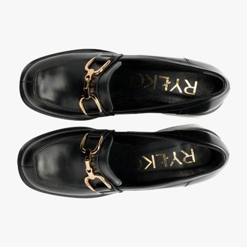 Mokasyny skórzane damskie RYŁKO buty na obcasie wsuwane z złotą ozdobą 37