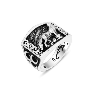 925 Sterling Silver Wolf & Three Crescents Men's Ring