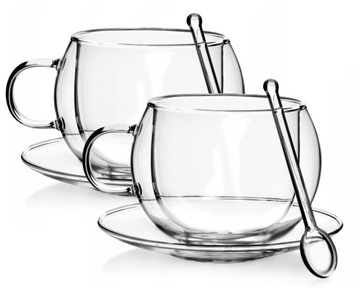 KOMPLET 2 FILIŻANEK Z ŁYŻECZKAMI PODWÓJNE ŚCIANKI