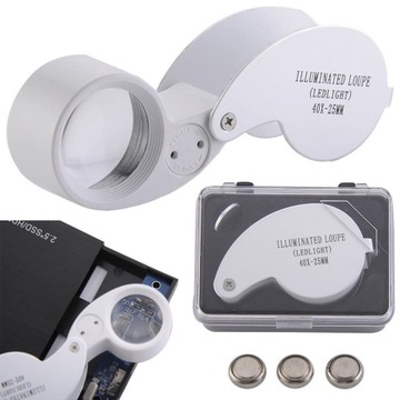 LUPA KIESZONKOWA JUBILERSKA SKŁADANA SZKŁO POWIĘKSZAJĄCE 2 LED 40x25mm