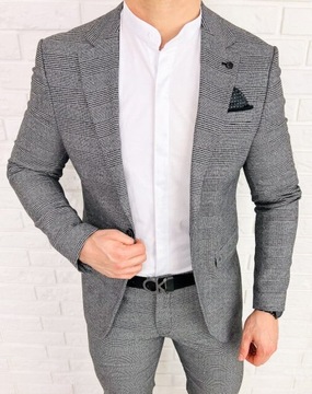 Серый элегантный приталенный мужской пиджак в клетку - 54