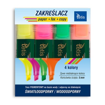 ZAKREŚLACZE PŁASKIE TETIS, 4 SZT.,MIX KOLORÓW